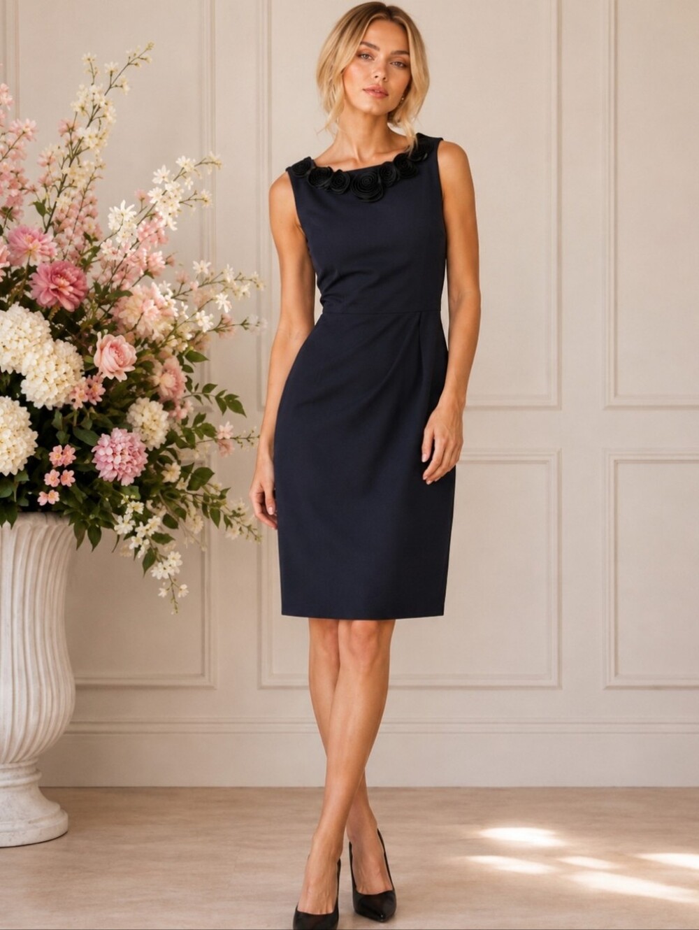 Jessica Howard Navy Floral Rosette Sheath Dress | Classic